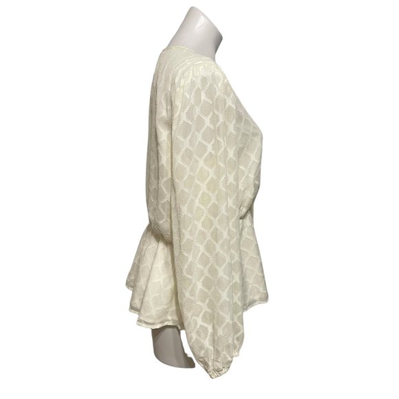 Elizabeth and James Cream V Neck Front Tie Long Sleeve Peplum Blouse - Picture 3 of 7